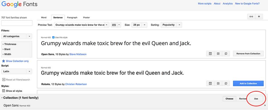 Google Font, Click the Use Button