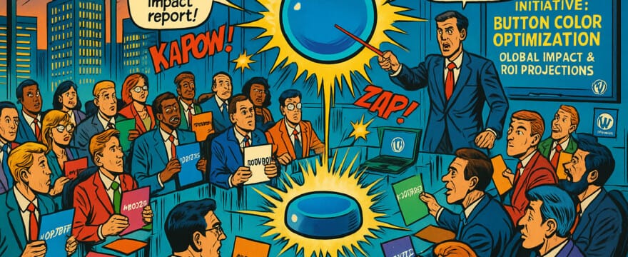 Comic-book-style illustration of a dramatic corporate boardroom where 27 animated businesspeople debate the color of a giant glowing blue web button floating above a glass table. Characters hold oversized color swatches labeled with color codes, and speech bubbles express humorous concerns about synergy, compliance, and A/B testing. A background screen reads ‘Strategic Initiative: Button Color Optimization — Global Impact & ROI Projections.’ Comic sound effects like ‘KAPOW!’ and ‘ZAP!’ add dynamic action. Subtle WordPress references appear throughout the scene.