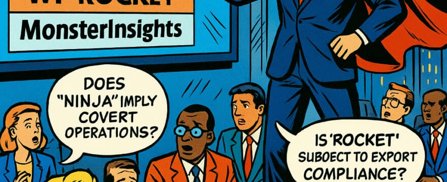 Comic-book-style illustration of Chad Enterprise, depicted as a superhero in a suit and red cape, presenting a slide listing WordPress plugin names like Ninja Forms, Gravity Forms, Yoast SEO, WP Rocket, and MonsterInsights to a diverse group of shocked businesspeople in a corporate boardroom. Speech bubbles raise humorous legal concerns such as ‘Does Ninja imply covert operations?’ and ‘Is Rocket subject to export compliance?’ Bright comic sound effects like ‘GASP!’ appear around the scene. Outside the windows, the MegaCorp skyscraper glows with neon lights. Subtle WordPress logos appear on laptops and posters.