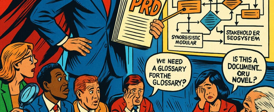Comic-book-style illustration of Chad Enterprise, dressed as a superhero in a business suit and red cape, presenting an enormous stack of papers labeled ‘PRD’ to a group of diverse businesspeople in a corporate boardroom. Behind him, a huge digital screen shows a complex flowchart labeled ‘Synergistic Modular Architecture’ and ‘Stakeholder Ecosystem.’ Businesspeople look overwhelmed, some holding magnifying glasses, others covering their faces. Speech bubbles say, ‘We need a glossary for the glossary!’ and ‘Is this a document… or a novel?’ Bright comic sound effects like ‘WHOOSH!’ and ‘GASP!’ fill the scene. Outside the glass windows, the MegaCorp skyscraper glows with a neon sign. Subtle WordPress logos appear on laptops and posters.