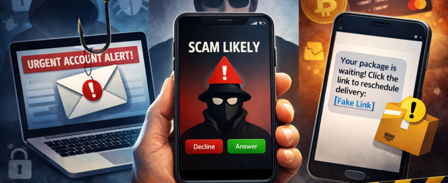 Illustration showing three common scam types side by side: a phishing email on a laptop marked “Urgent Account Alert,” a smartphone displaying a “Scam Likely” phone call, and a fake delivery text message with a suspicious link, symbolizing email, phone, and text scams.