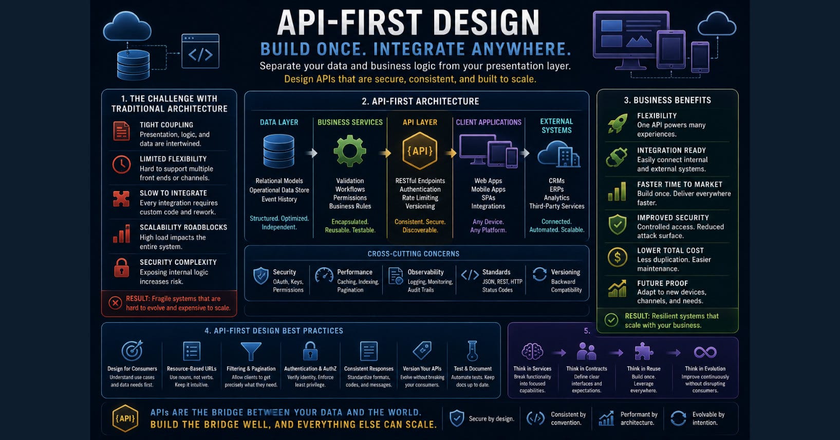 Conceptual illustration of an API-first enterprise WordPress architecture. The image shows structured business data flowing through a centralized API layer to multiple consumers, including web applications, mobile apps, AI assistants, reporting platforms, dashboards, and third-party integrations. It emphasizes designing reusable business services before user interfaces to create scalable, secure, and maintainable enterprise applications.