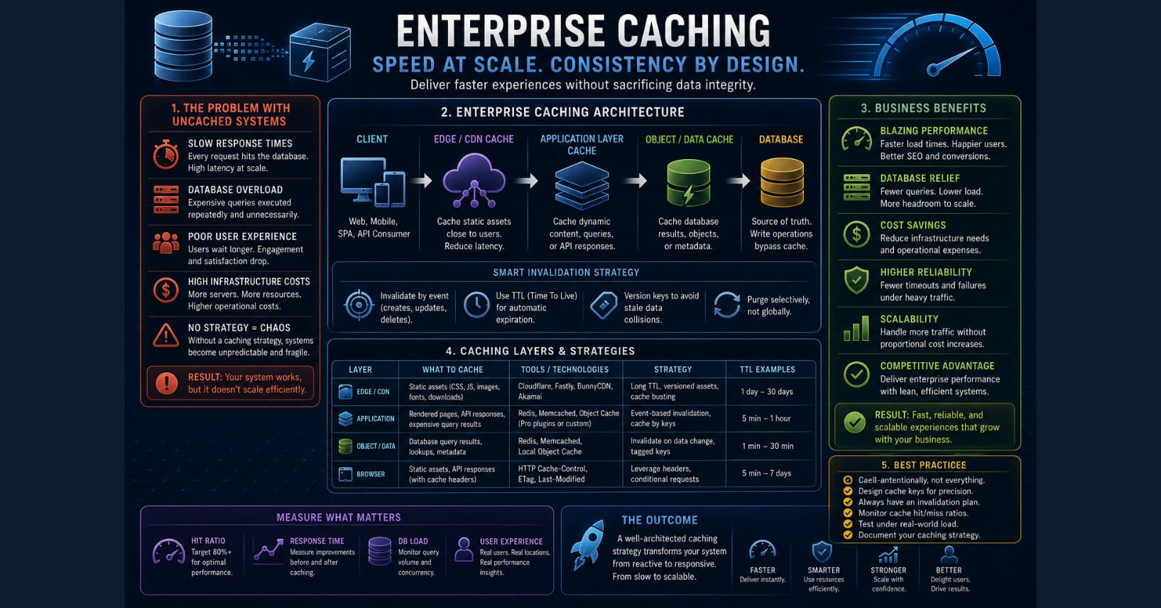 Conceptual illustration of a multi-layer enterprise caching architecture for data-driven WordPress applications. The diagram shows browser, edge, page, object, query, and business caching working together with WordPress, APIs, and an operational data store to serve dashboards, mobile apps, customer portals, AI assistants, and third-party integrations with scalable, predictable performance.