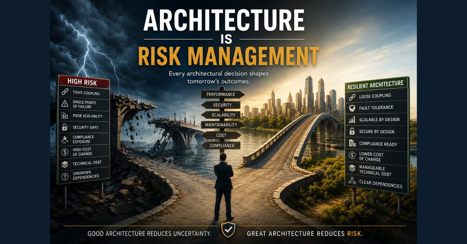 A conceptual illustration showing two diverging architectural paths: one leading to a collapsing bridge labeled with high-risk characteristics such as tight coupling, technical debt, and security gaps, and the other leading to a resilient bridge representing scalable, secure, and maintainable architecture. The image emphasizes that software architecture is fundamentally an exercise in risk management.