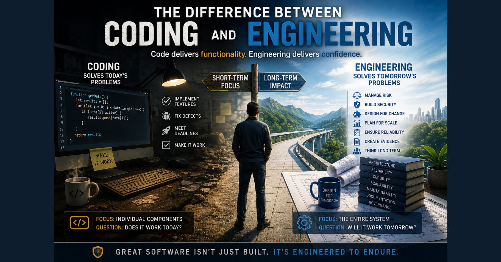 A split-scene illustration contrasting coding and engineering. The left side depicts a programmer focused on writing code and delivering features, while the right side shows an architect planning resilient, scalable, and maintainable systems. A central crossroads emphasizes the transition from solving today’s problems to engineering solutions that remain reliable, secure, and sustainable over time.