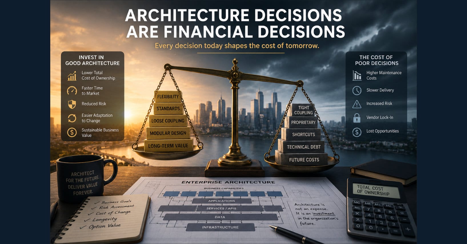 A photorealistic enterprise architecture scene featuring a balanced scale weighing long-term architectural principles against technical debt and future costs. Architectural blueprints, a calculator displaying total cost of ownership, and a city skyline reinforce the concept that architecture decisions influence maintenance costs, business agility, risk, vendor lock-in, and long-term financial performance.