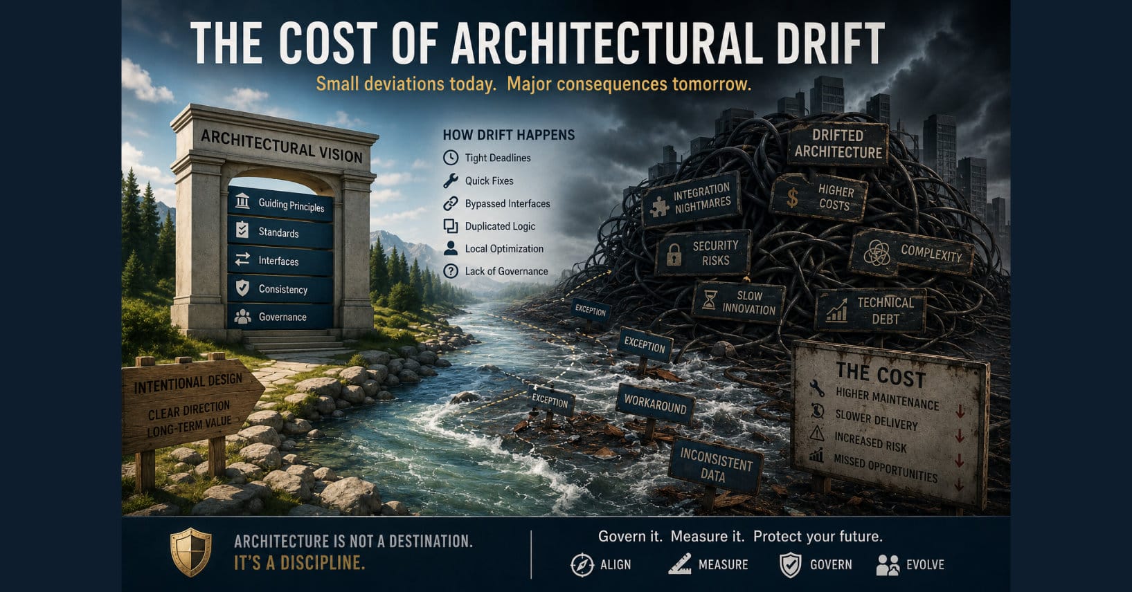 A cinematic illustration contrasts a disciplined enterprise architecture with a chaotic, drifted system. On one side, guiding principles, governance, standards, and intentional design lead toward long-term value. On the other, tangled infrastructure symbolizes architectural drift caused by shortcuts, bypassed interfaces, duplicated logic, and poor governance, resulting in technical debt, security risks, integration challenges, slower delivery, and higher maintenance costs.