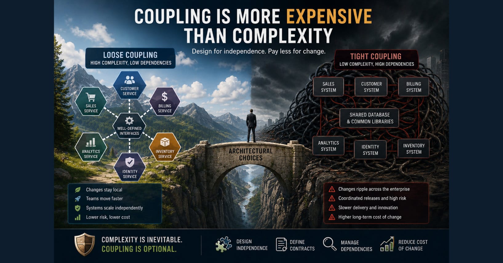A cinematic split-scene compares loosely coupled and tightly coupled enterprise architectures. The left side depicts independent services connected through well-defined interfaces, representing scalability, lower risk, and localized change. The right side shows multiple business systems tightly interconnected through shared databases and dependencies, illustrating increased coordination, slower delivery, higher long-term costs, and reduced organizational agility.