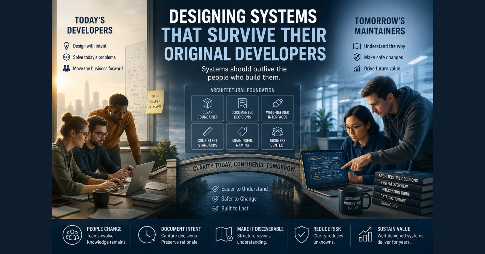 A cinematic enterprise architecture illustration contrasts today’s development team with tomorrow’s maintainers, connected by a central architectural foundation. The image emphasizes documented decisions, well-defined interfaces, consistent standards, meaningful naming, and clear business context as the elements that allow enterprise systems to remain understandable, maintainable, and valuable long after their original developers have moved on.