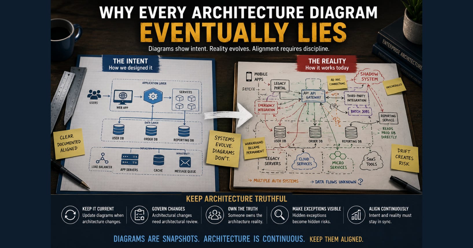 A cinematic enterprise architecture illustration contrasts a clean, documented system design with a production environment that has evolved through undocumented changes. The left side depicts the original architectural intent with organized components and defined interfaces, while the right side shows added integrations, emergency workarounds, legacy systems, and architectural drift. The image emphasizes that architecture diagrams are snapshots requiring continuous governance to remain accurate and trustworthy.