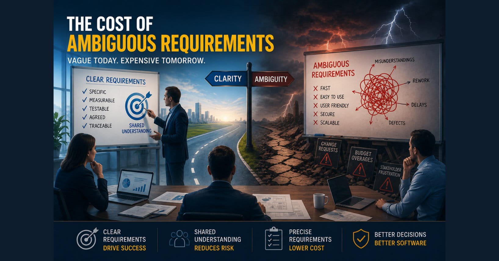Enterprise illustration comparing clear and ambiguous software requirements. One side shows measurable, validated requirements leading to project success, while the other depicts vague requirements causing misunderstandings, rework, delays, budget overruns, and stakeholder frustration.