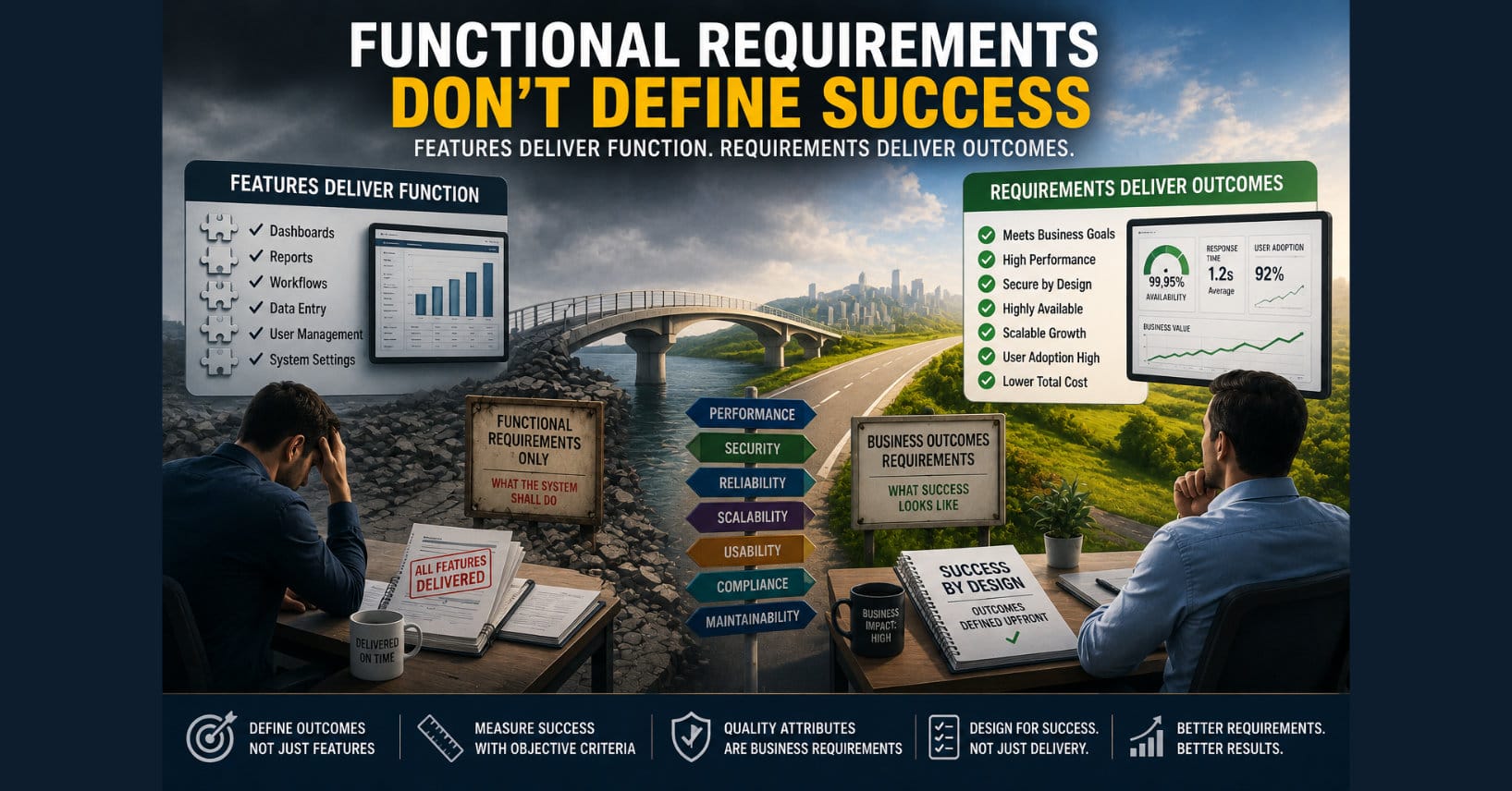 Split-scene enterprise illustration comparing feature-focused software development with outcome-driven requirements engineering. The image shows functional requirements on one side and business success factors such as performance, security, scalability, reliability, compliance, and maintainability on the other, emphasizing that software success depends on more than delivered features.