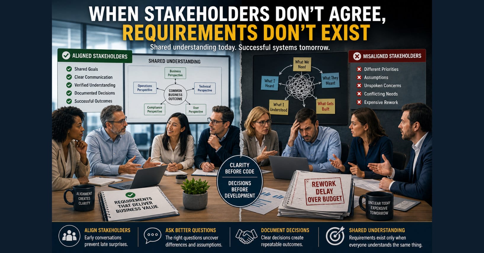Split-scene enterprise illustration contrasting aligned and misaligned project stakeholders. One side shows collaborative decision-making and shared understanding leading to successful requirements, while the other depicts conflicting priorities, assumptions, and communication failures resulting in rework, delays, and budget overruns.