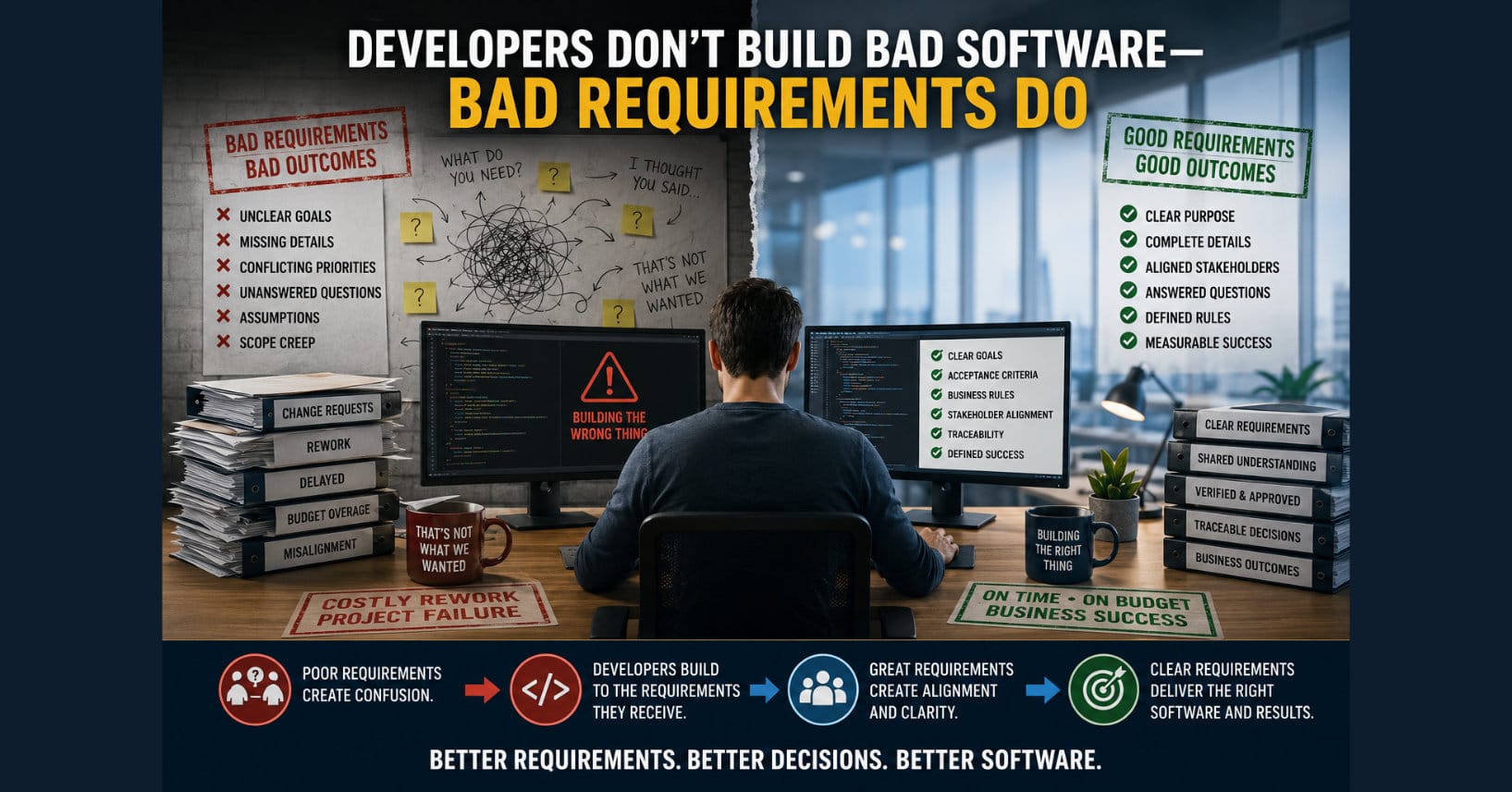 Enterprise illustration showing a software developer between two contrasting outcomes: poor requirements leading to confusion, rework, delays, and project failure, versus clear, validated requirements resulting in stakeholder alignment, traceability, successful software delivery, and measurable business outcomes.