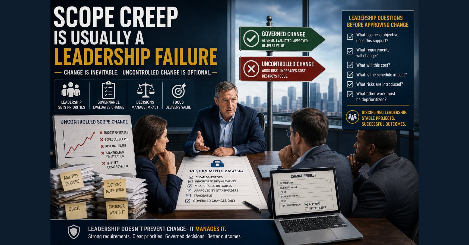 Enterprise infographic illustrating that scope creep is primarily a leadership and governance challenge rather than a requirements problem. The image contrasts governed versus uncontrolled change, showing leadership evaluating change requests against business value, risk, cost, schedule impact, and requirements baselines to maintain project stability.