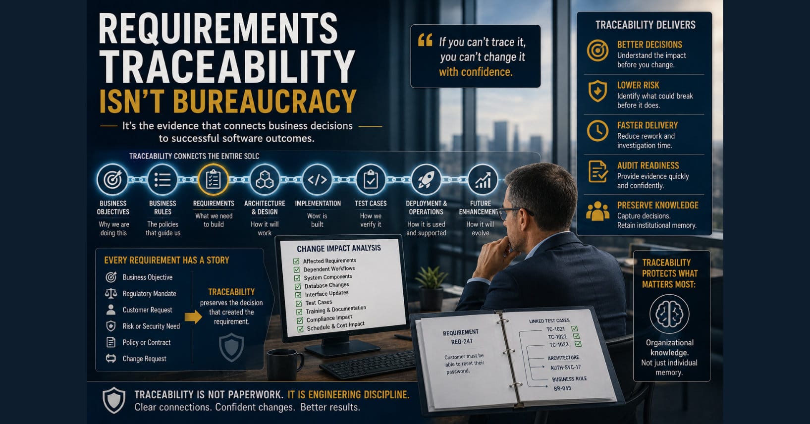 Enterprise infographic illustrating end-to-end requirements traceability across the System Development Life Cycle. The image shows how business objectives, business rules, requirements, architecture, implementation, testing, deployment, and future enhancements remain connected, enabling impact analysis, governance, audit readiness, and preservation of organizational knowledge.