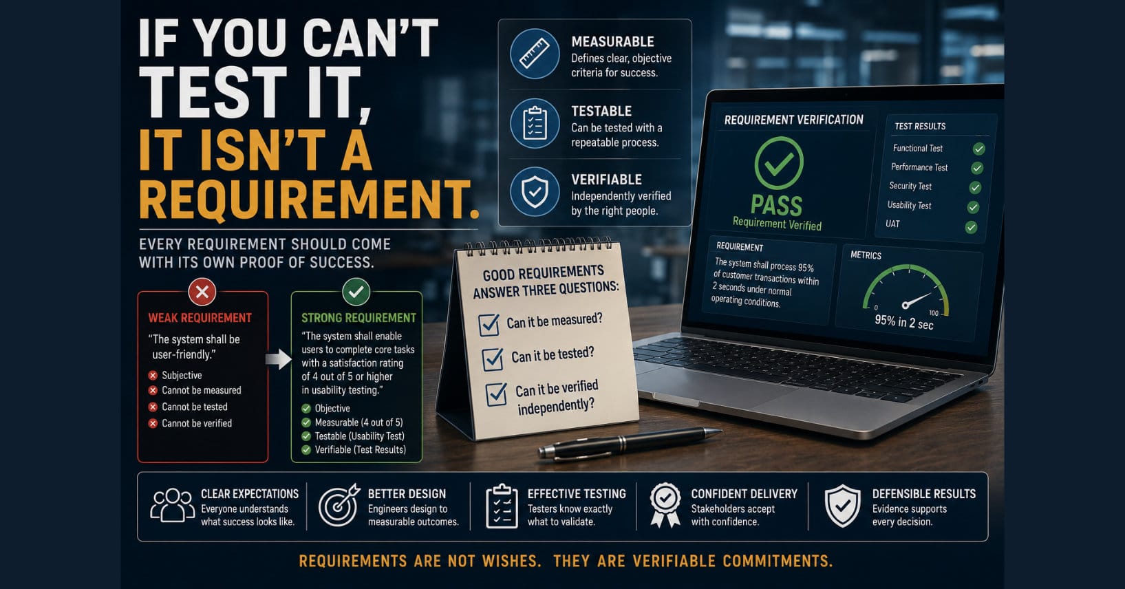 Enterprise infographic illustrating measurable, testable, and verifiable software requirements. The image contrasts a vague requirement with a measurable one, showing objective acceptance criteria, requirement verification, test results, and quality metrics to emphasize that successful requirements produce evidence rather than assumptions.