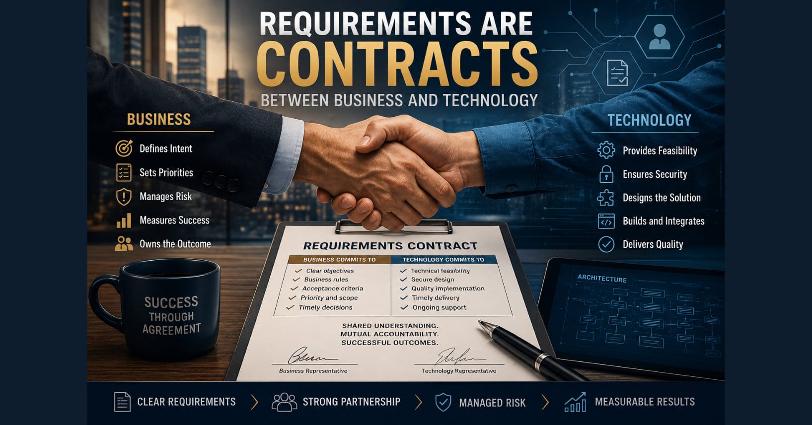 Enterprise infographic depicting a handshake over a signed requirements agreement to illustrate that software requirements are contracts between business and technology. The image highlights shared accountability, business objectives, technical feasibility, measurable success criteria, and collaborative decision-making as the foundation for successful software delivery.