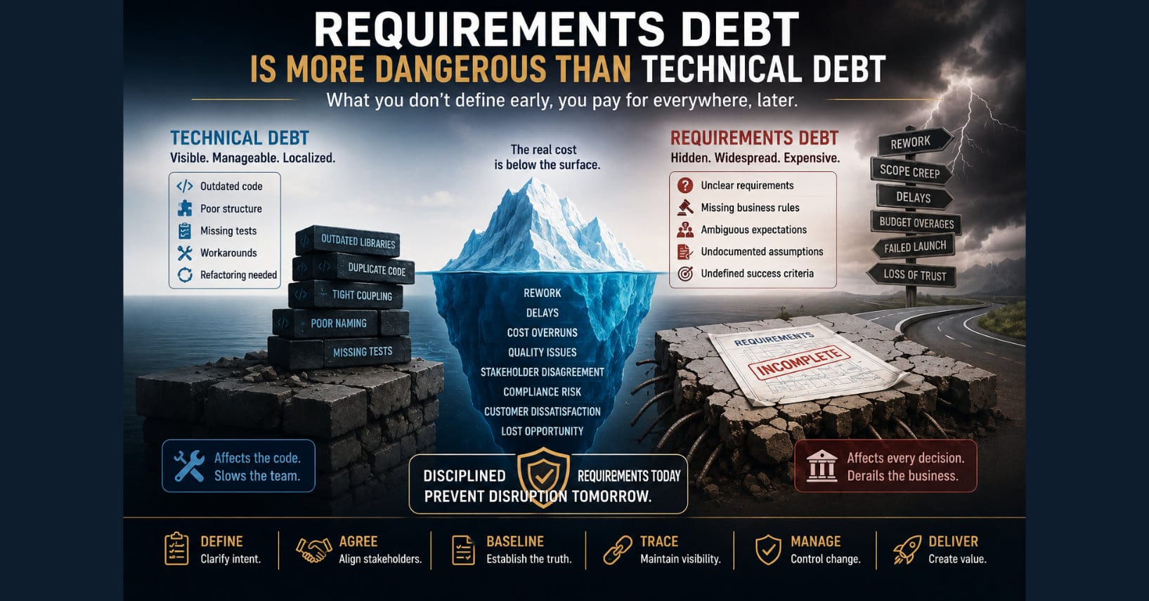Enterprise infographic comparing technical debt with requirements debt using an iceberg metaphor. The illustration shows technical debt as visible implementation issues while requirements debt remains largely hidden beneath the surface, driving rework, scope creep, budget overruns, stakeholder conflict, compliance risk, and lost business opportunities across the entire System Development Life Cycle.