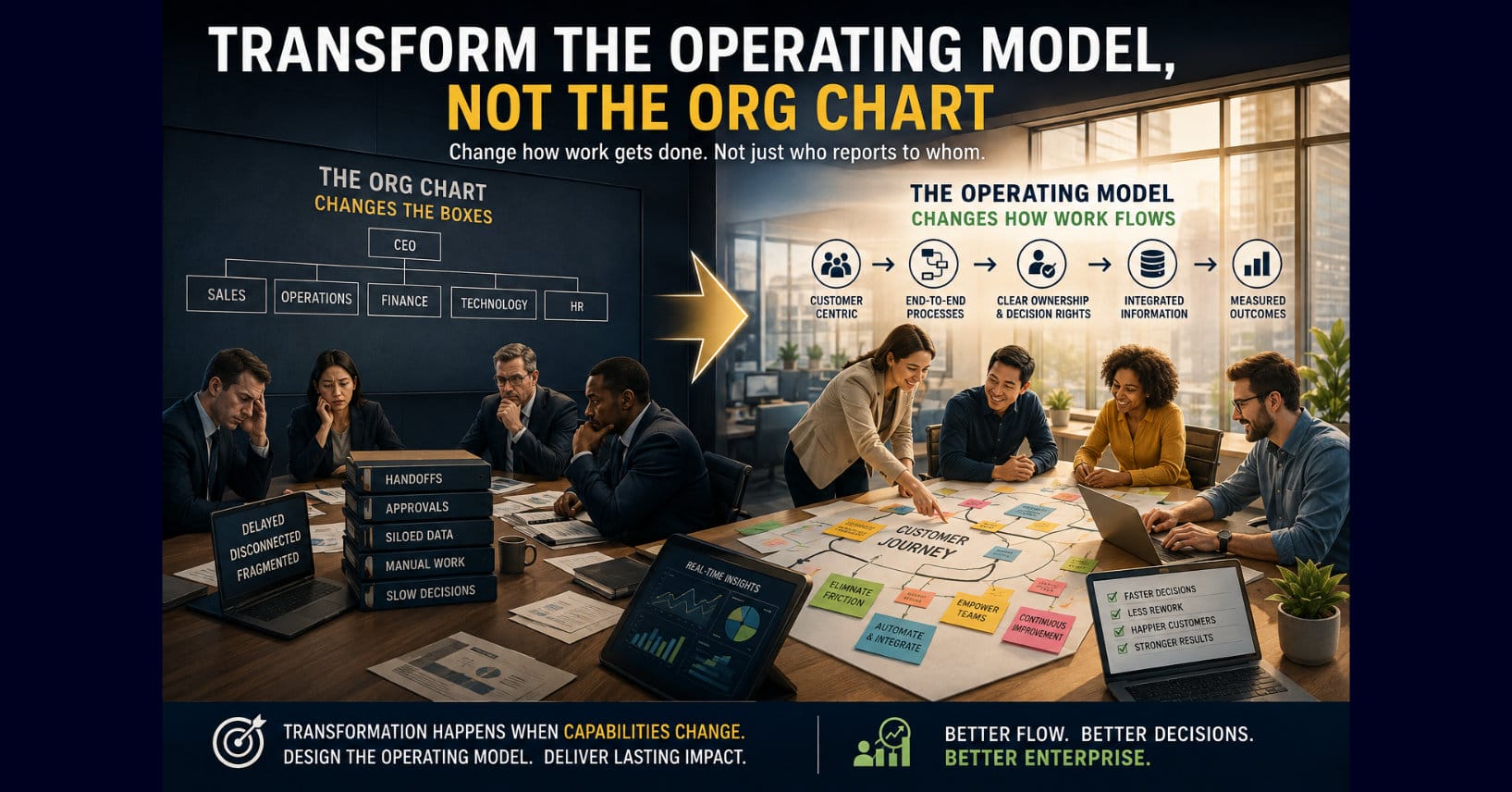 Split-screen illustration contrasts a siloed org chart with an integrated operating model built around customer processes, clear ownership, information, and outcomes.