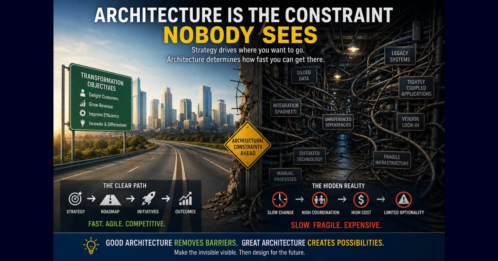 Split image contrasts a clear transformation roadmap with hidden architectural constraints including legacy systems, siloed data, tight coupling, and vendor lock-in.