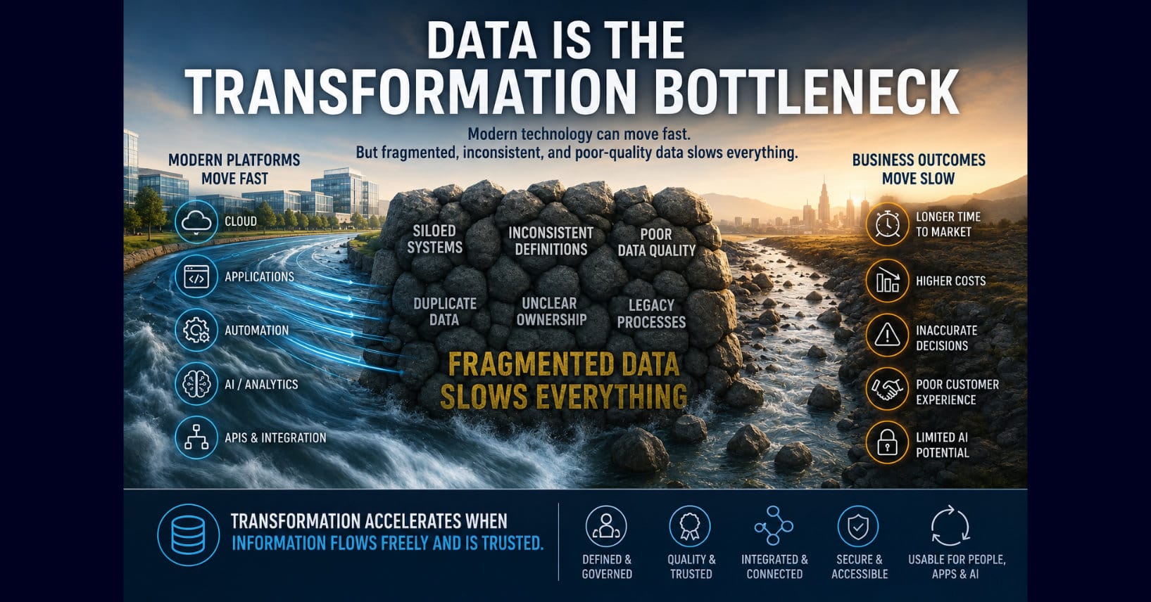 Data flow blocked by fragmented systems, inconsistent definitions, poor quality, duplicate data, unclear ownership, and legacy processes.