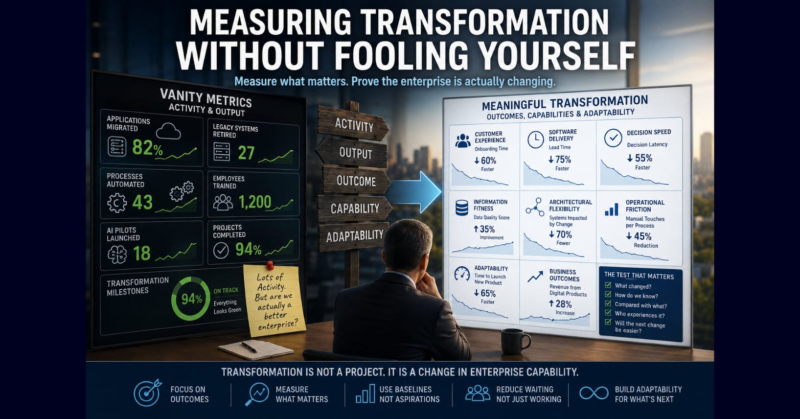 Executive compares vanity metrics such as projects and pilots with meaningful measures of outcomes, enterprise capability, operational friction, and adaptability.