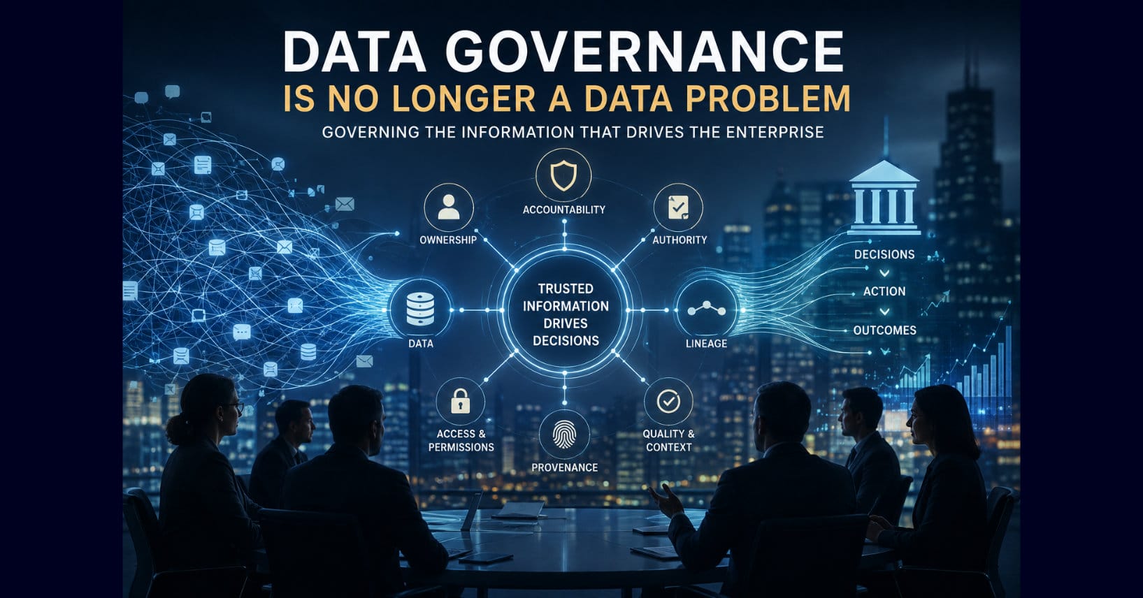 Executives in a boardroom view a data governance model connecting data, ownership, accountability, authority, lineage, provenance, access, and quality to decisions and outcomes.