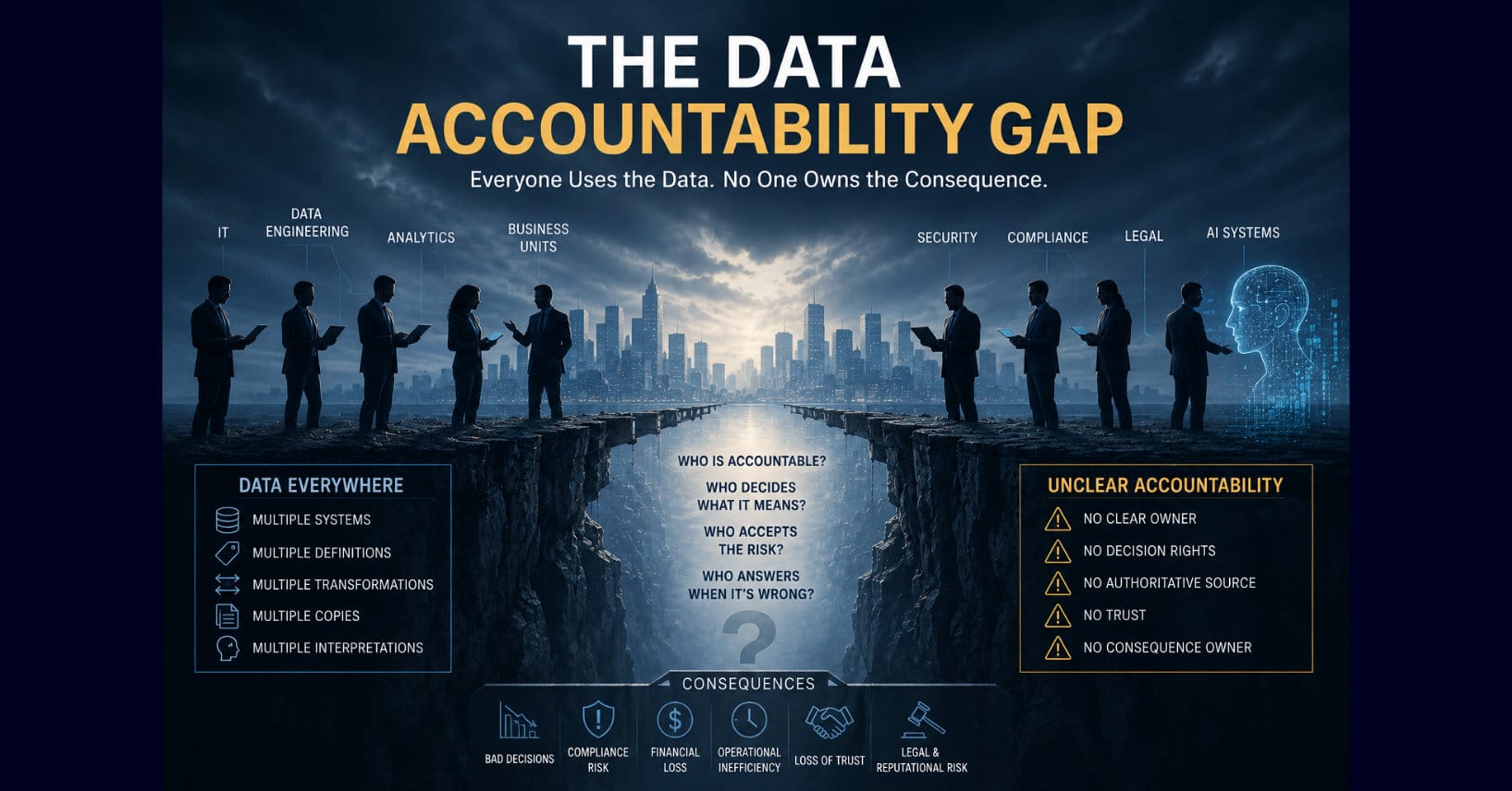 Enterprise teams stand across a data accountability gap illustrating unclear ownership, decision rights, authoritative sources, risk acceptance, and consequences.