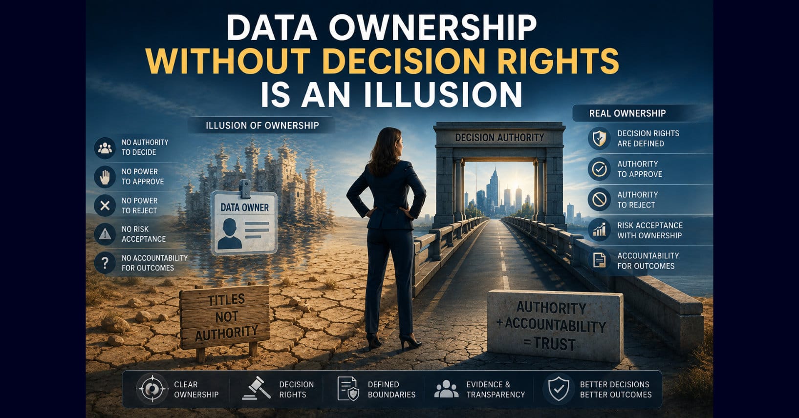 Business leader stands between illusory data ownership without authority and real ownership built on decision rights, accountability, risk acceptance, and evidence.
