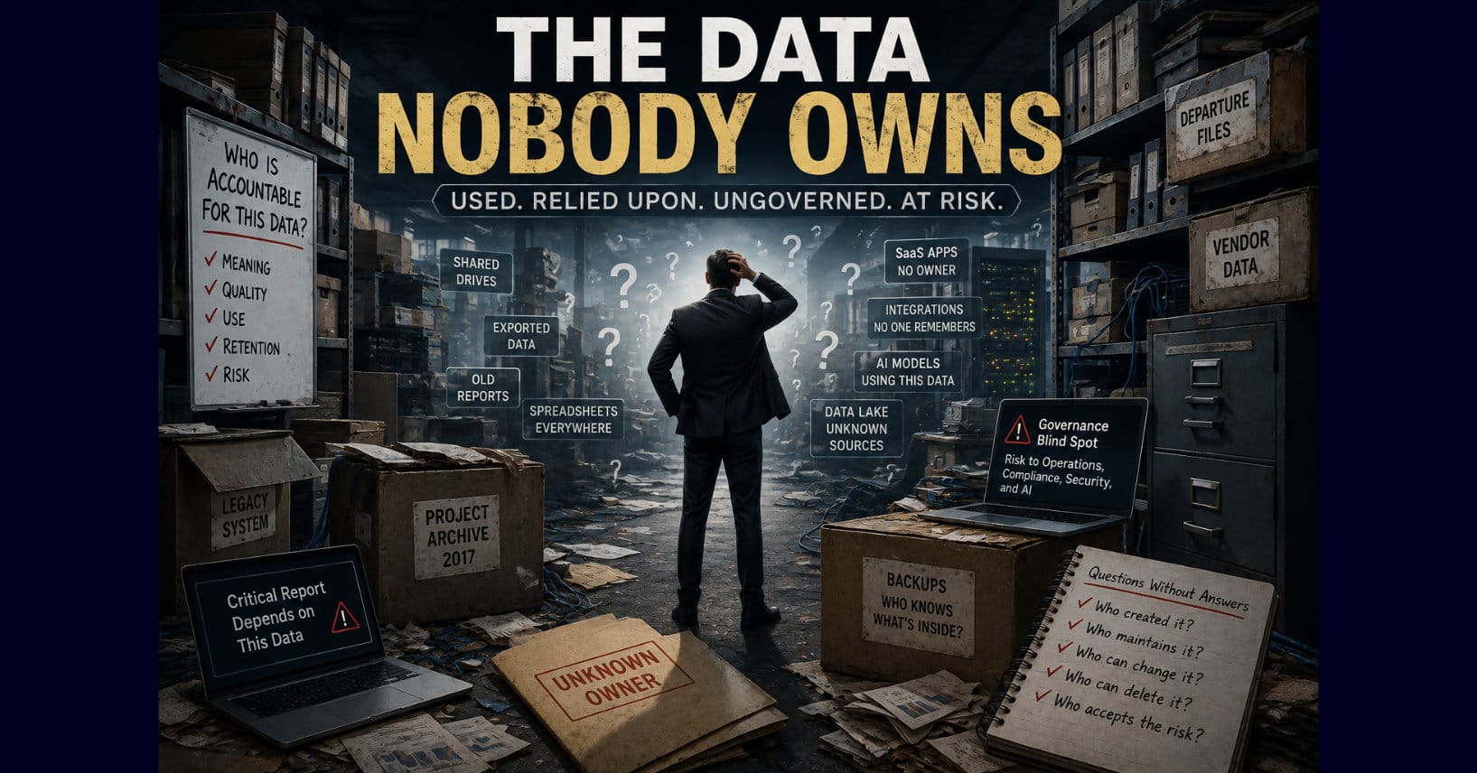 Executive stands amid shared drives, legacy systems, SaaS apps, spreadsheets, backups, and AI data sources with unknown ownership and governance.