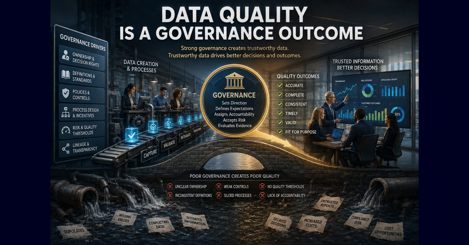 Governance framework connects data creation and controls to accurate, complete, consistent, timely, valid, fit-for-purpose information and better decisions.