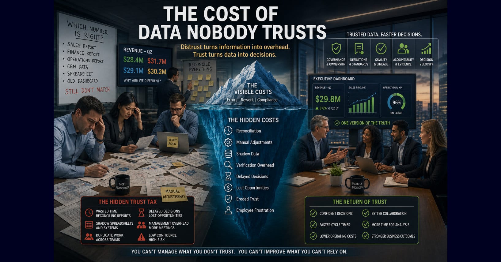 Split corporate scene contrasts teams reconciling conflicting data and hidden trust costs with governed, trusted data enabling faster decisions and better outcomes.