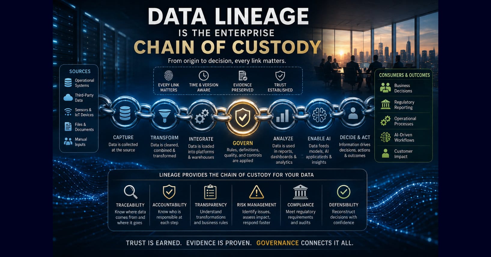 Data lineage shown as a chain linking sources, capture, transformation, integration, governance, analytics, AI, and decisions to trusted business outcomes.