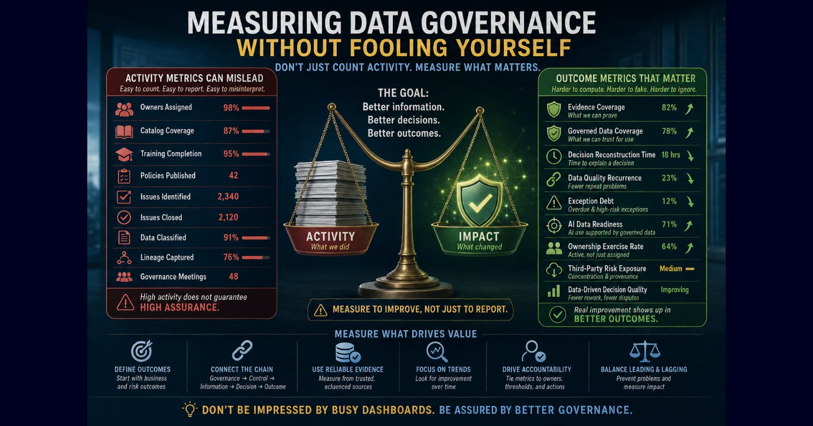 Infographic contrasts data governance activity metrics with outcome measures such as evidence coverage, data readiness, decision reconstruction, accountability, and risk.