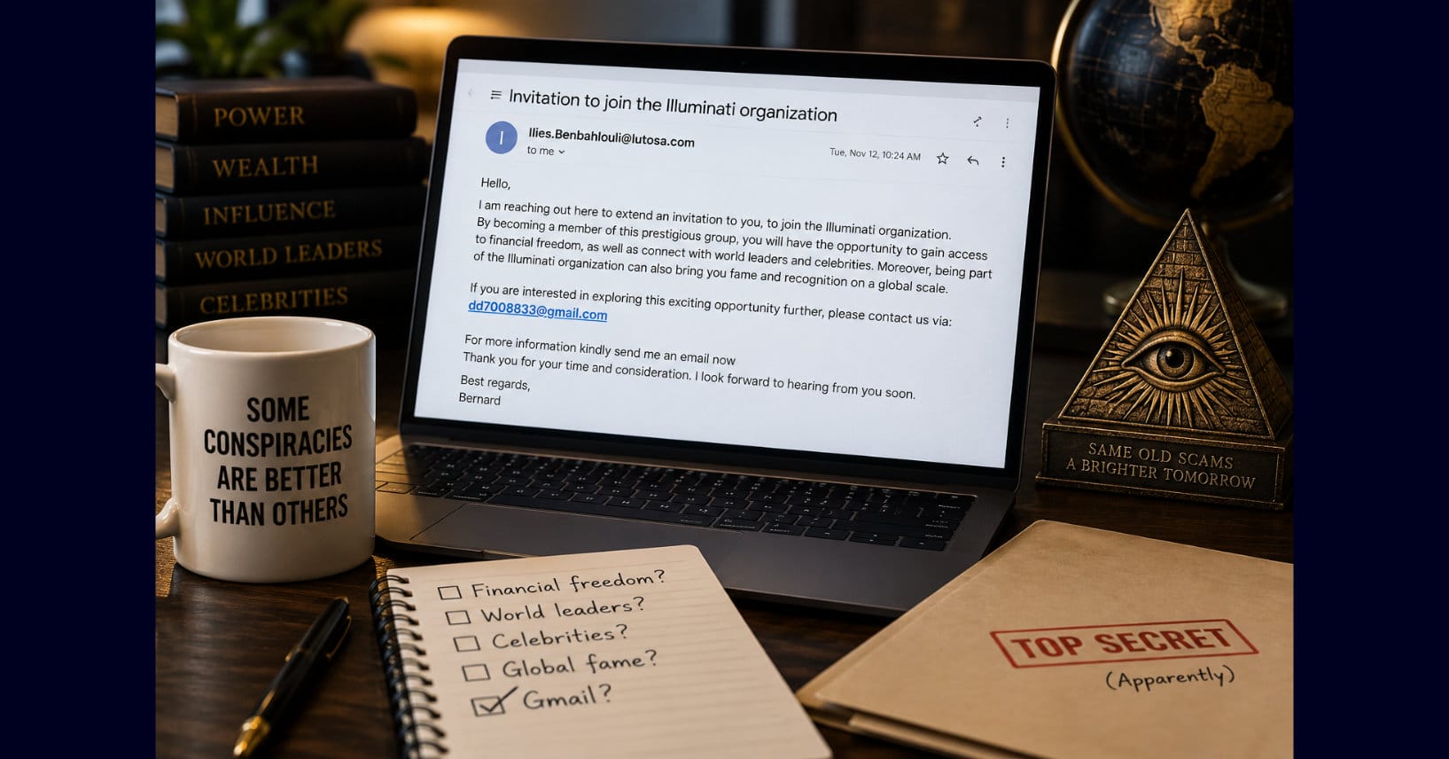 Laptop displaying an absurd Illuminati recruitment email beside an all-seeing-eye pyramid, “Top Secret” folder, and checklist highlighting Gmail.