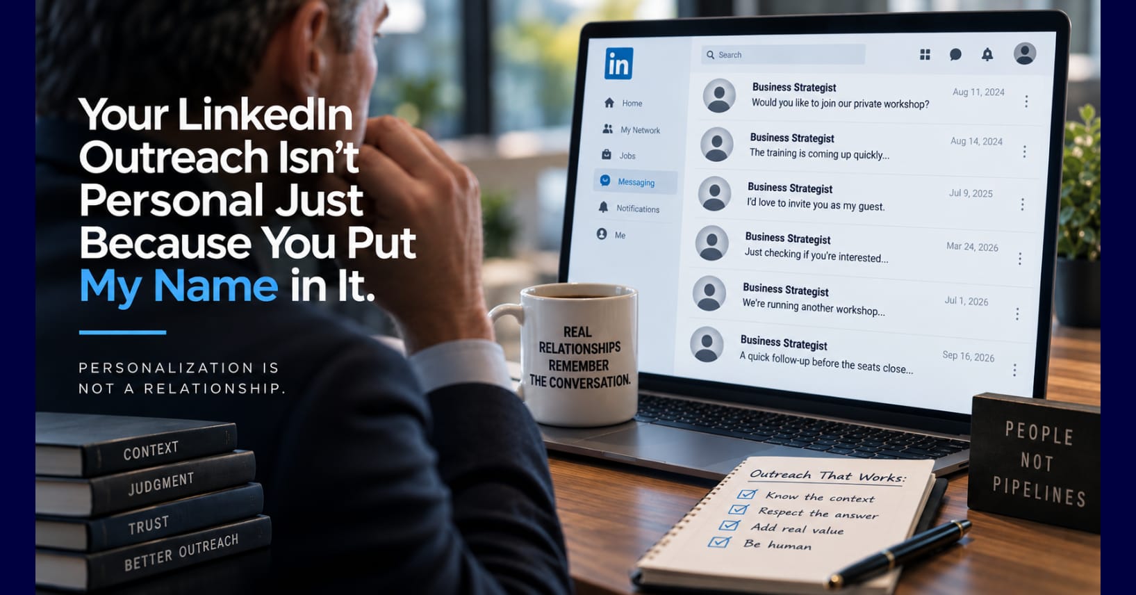 Executive viewing repeated LinkedIn outreach messages on a laptop beside the headline “Your LinkedIn Outreach Isn’t Personal Just Because You Put My Name in It.”