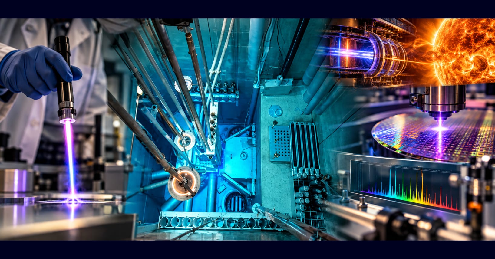 Composite image showing NC State’s PULSTAR reactor pool, an argon plasma needle, fusion research, semiconductor etching, and spectroscopy.