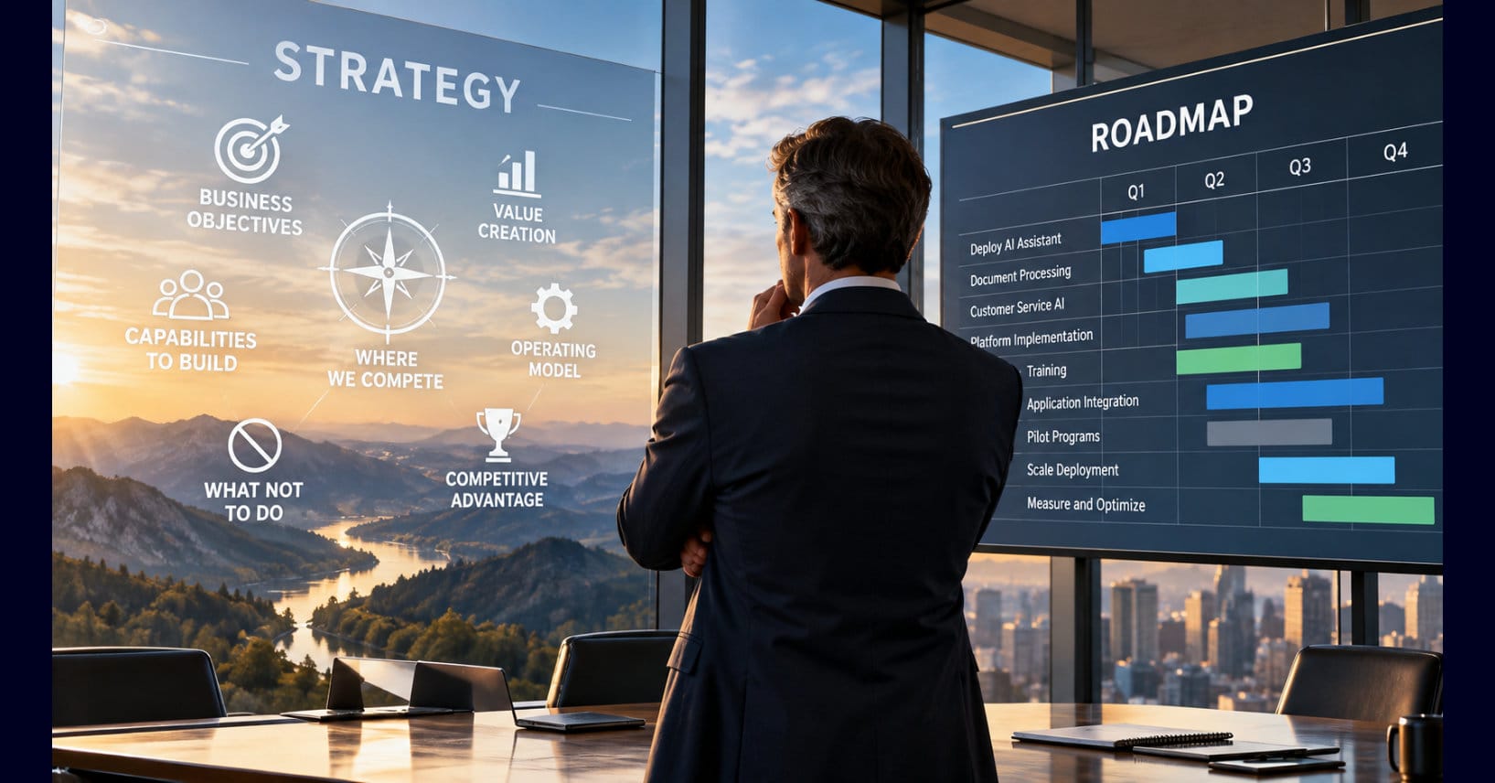 Executive in a boardroom comparing an AI strategy framework focused on business objectives and competitive advantage with an AI implementation roadmap.