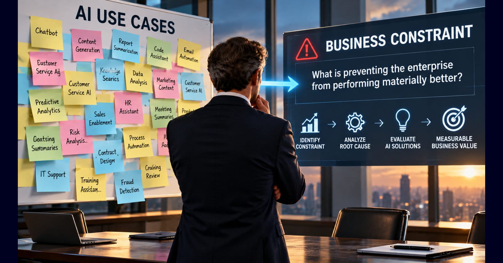 Executive comparing a crowded board of AI use cases with a business constraint analysis framework emphasizing root causes, AI solutions, and measurable enterprise value.
