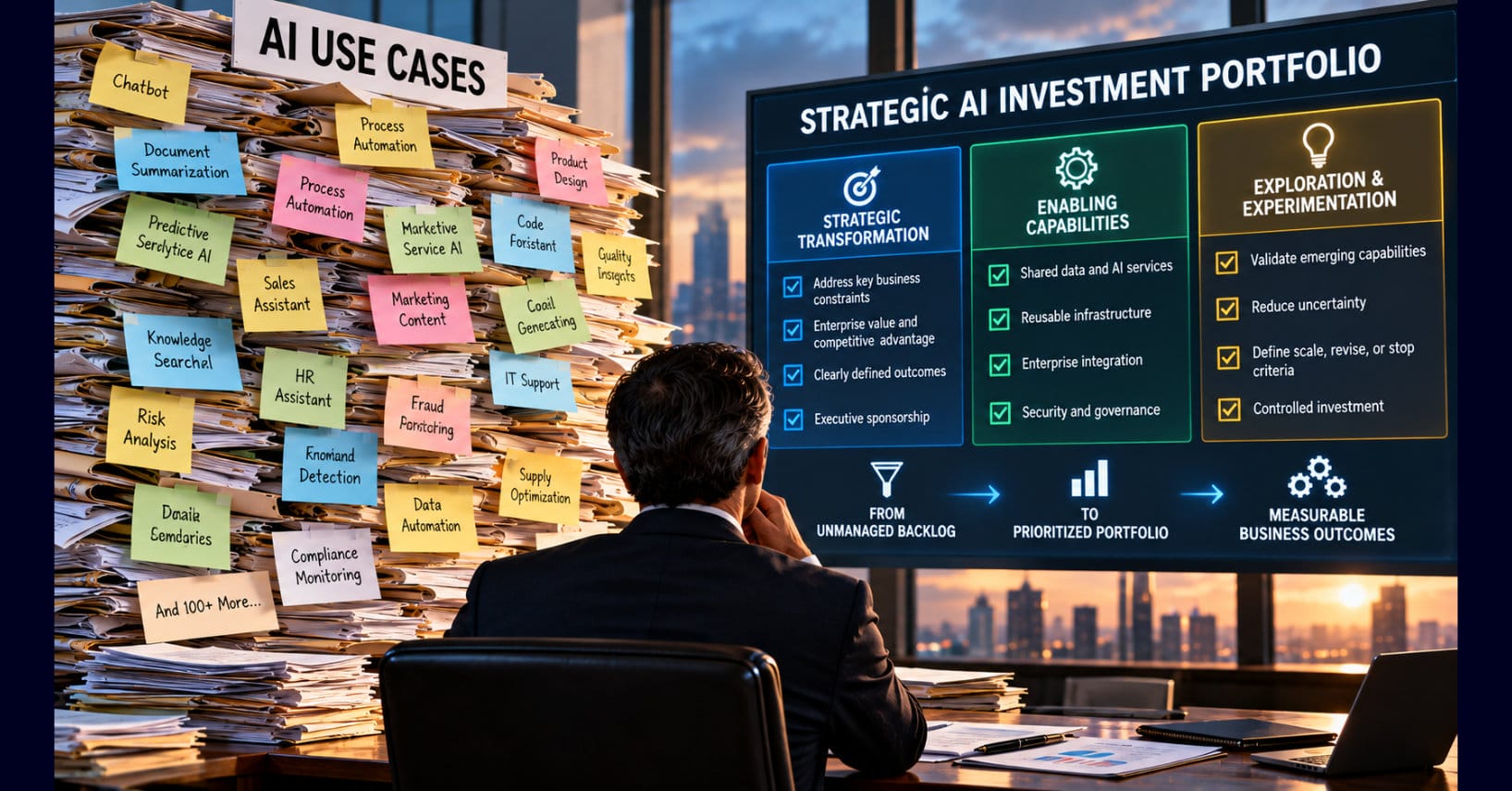 Executive examining a towering backlog of AI use cases beside a digital strategic investment portfolio organized into transformation, enabling capabilities, and experimentation, emphasizing prioritization and measurable business outcomes.