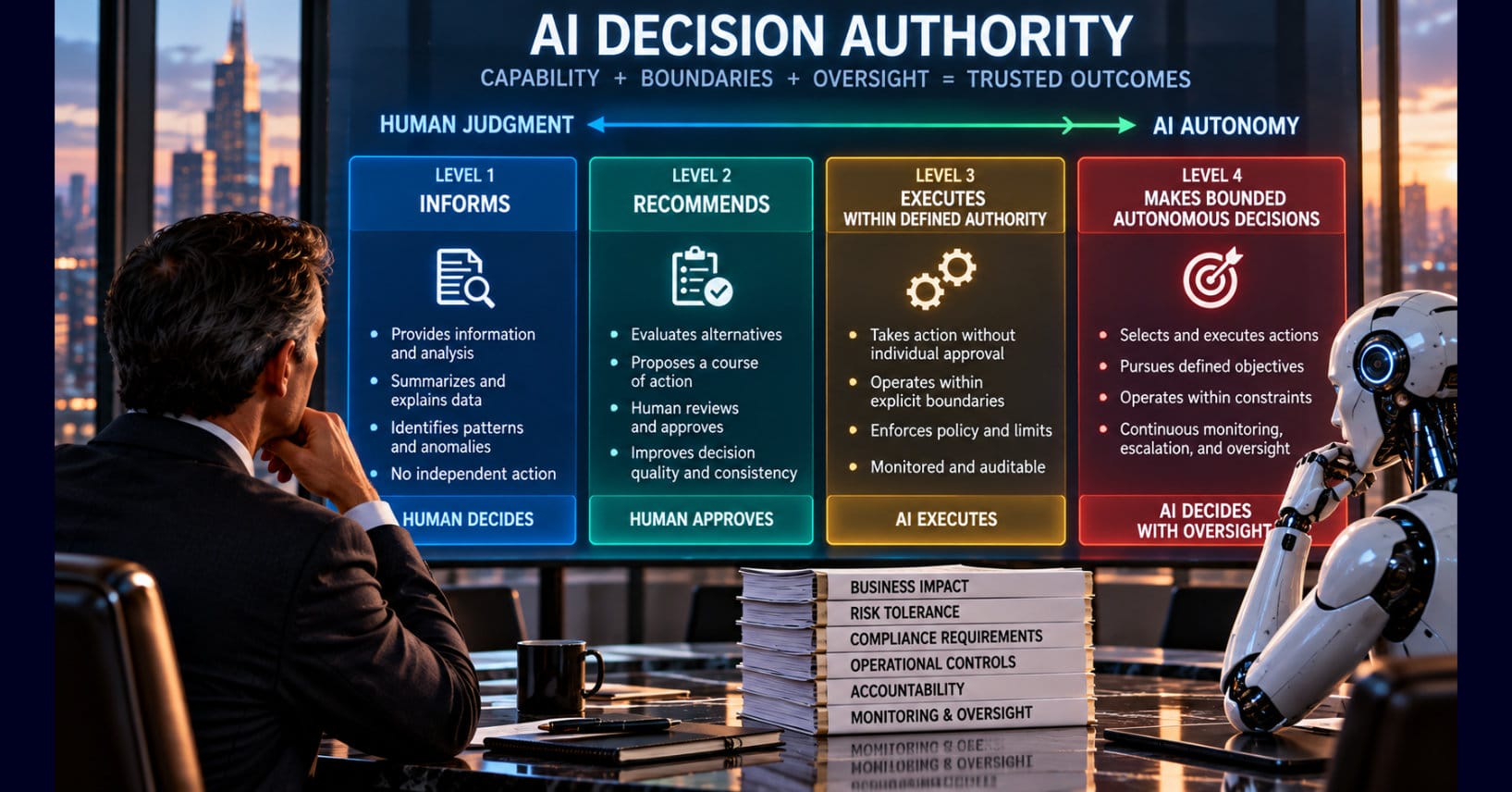 Executive and humanoid AI examine a four-level decision authority framework showing how AI informs, recommends, executes within defined limits, and makes bounded autonomous decisions under human oversight.