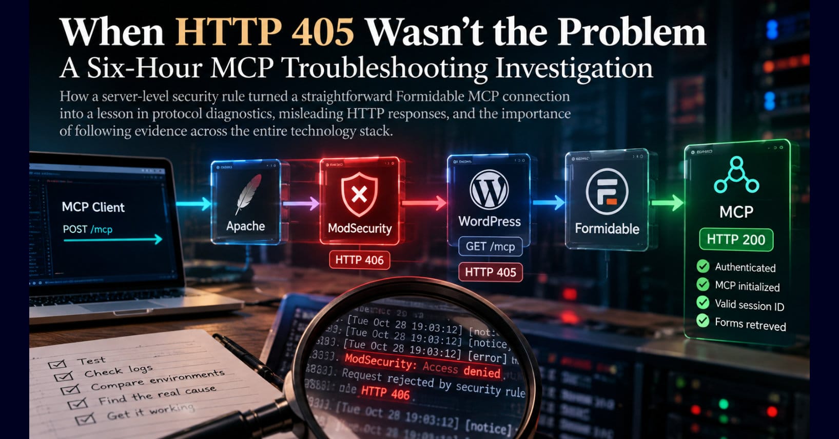 Technical illustration of an MCP troubleshooting investigation showing a POST request passing through Apache, a ModSecurity HTTP 406 denial, and a subsequent WordPress HTTP 405 response. A magnifying glass highlights Apache error logs, while a green MCP panel represents successful authentication, initialization, and form retrieval.