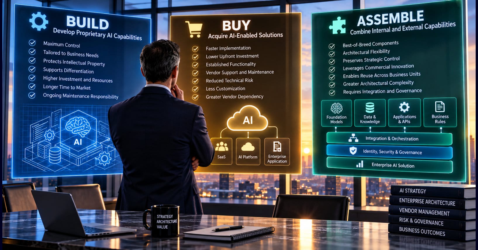 Executive evaluating three enterprise AI sourcing strategies on digital displays: Build for proprietary capabilities and strategic differentiation, Buy for commercial AI solutions and faster implementation, and Assemble for combining foundation models, enterprise data, applications, and business rules into a flexible AI architecture.